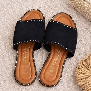 Italian Shoemakers Black Studded Slide Sandals Leather Size 7